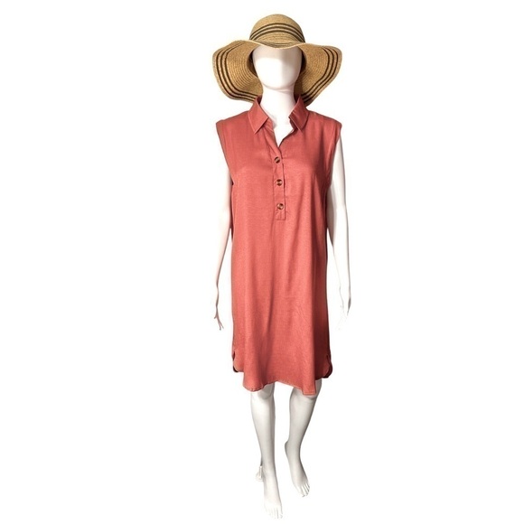 Go To Top Women’s V-Neck Collared Sleeveless Terracotta Linen Dress Size-XL - Picture 2 of 5